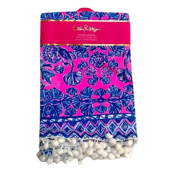 Lilly Pulitzer Other - NWT Lilly Pulitzer Napkins Set of 2 Ginger Jar Hot Pink Blue Cotton Pom Poms